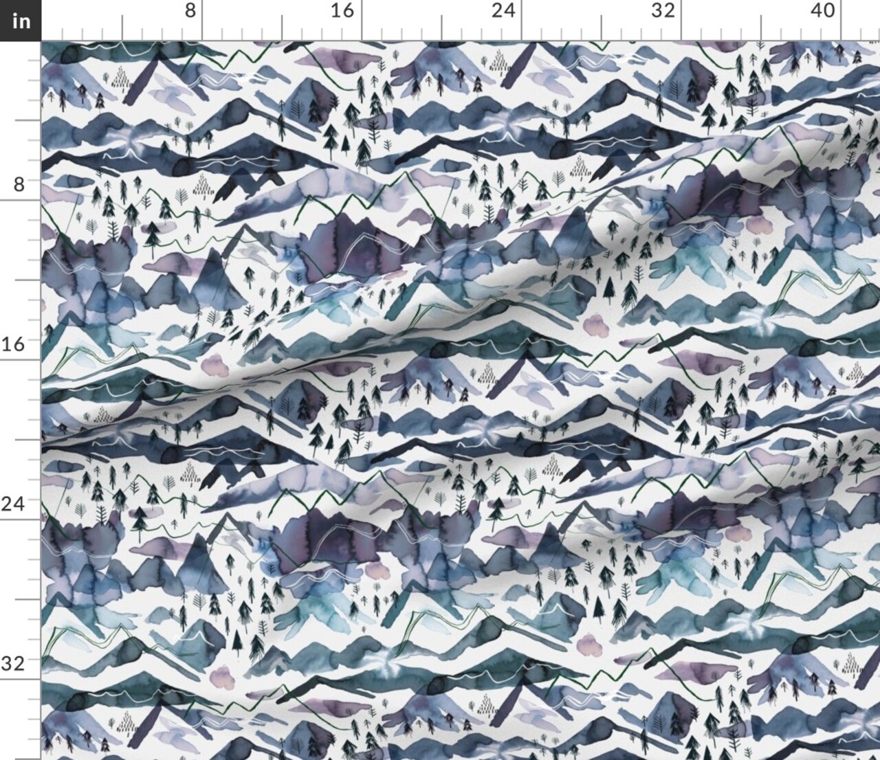 Blue Nature Mountains Watercolor Forest Winter Landscape Outdoors Woodland Countryside Holiday Custom Printed Fabric by Spoonflower Various Fabrics by the Yard or Fat Quarter